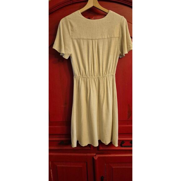 Monteau Los Angeles Size Small Rayon Linen Blend Faux Wrap Dress Ivory Tan EUC - Picture 2 of 4